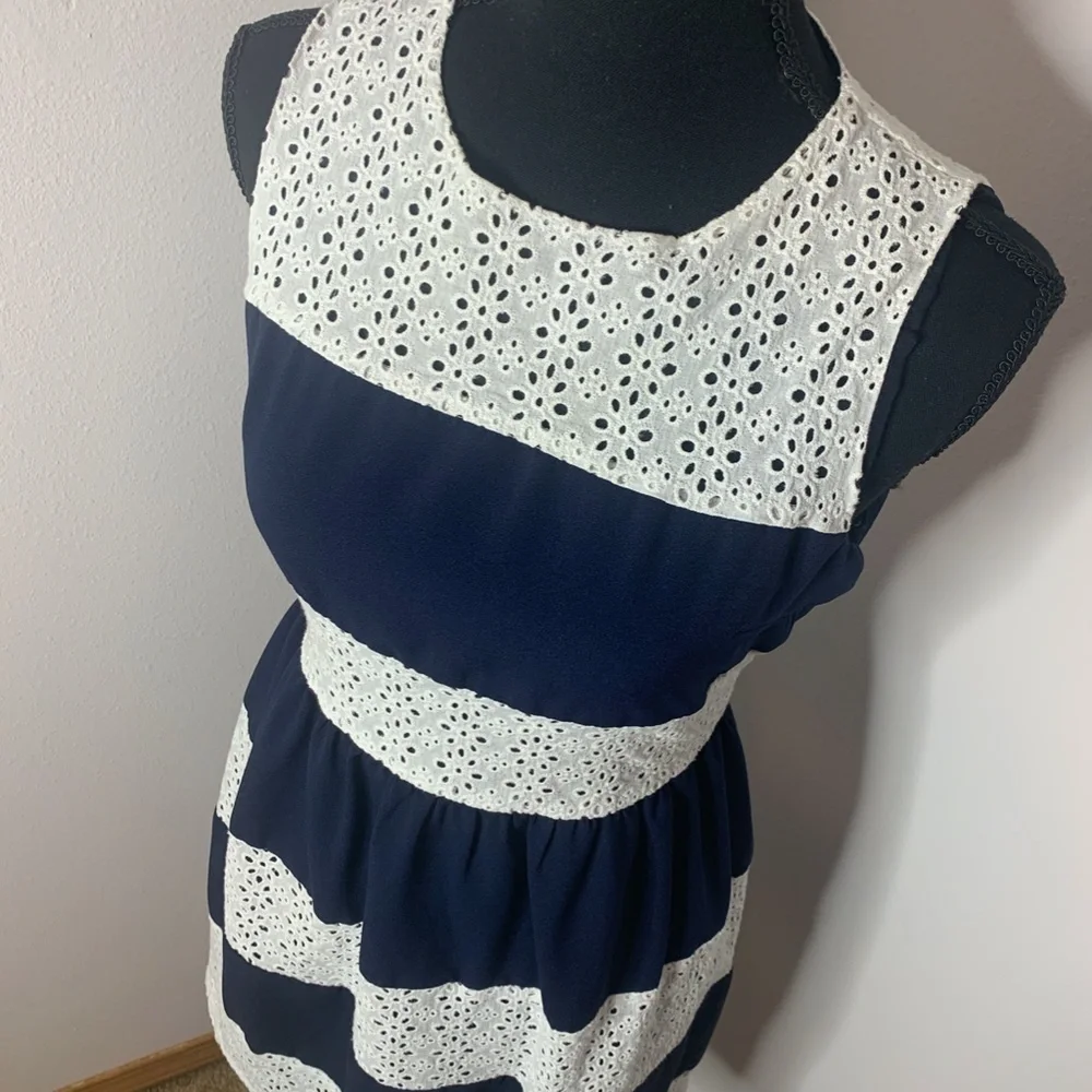 Esley Blue & White Sleeveless Fit & Flare Dress - Picture 2 of 8